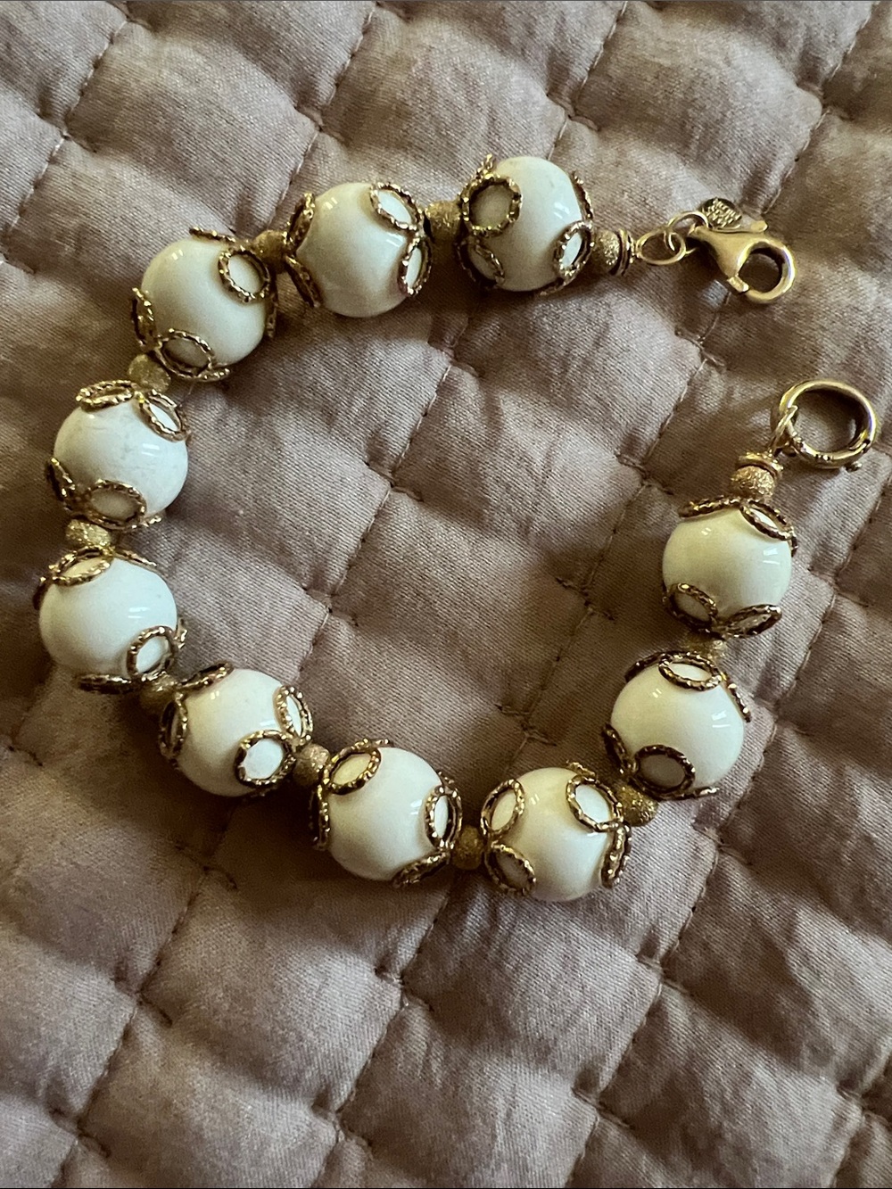 Elegant Italian Milor 14K Gold Off White Agate Bead Bracelet